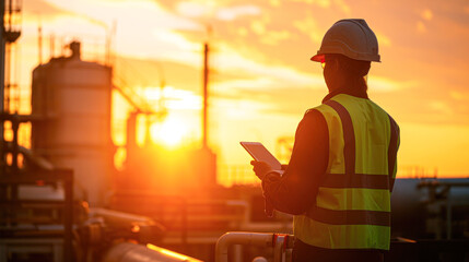 A worker in safety gear inspects an industrial site at sunset using a tablet, with refinery structures silhouetted against the sky.