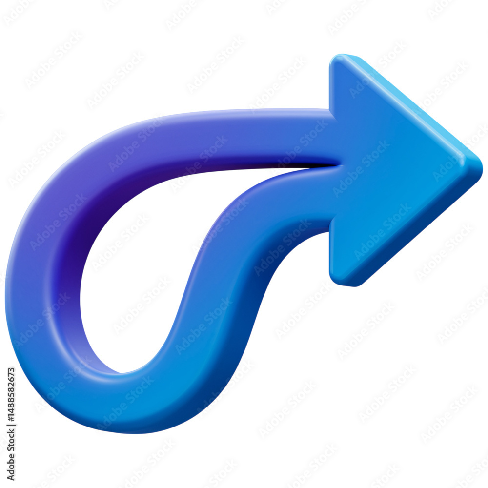 Poster blue curved arrow pointing right isolated on a transparent background