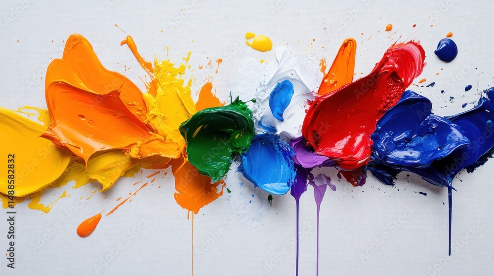 Poster vivid paint splashes in various colors create an energetic composition on a canvas. the scene captur