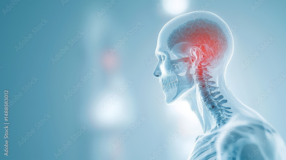 Poster illuminated brain within a 3d rendered human head, visual representation of neurological processes