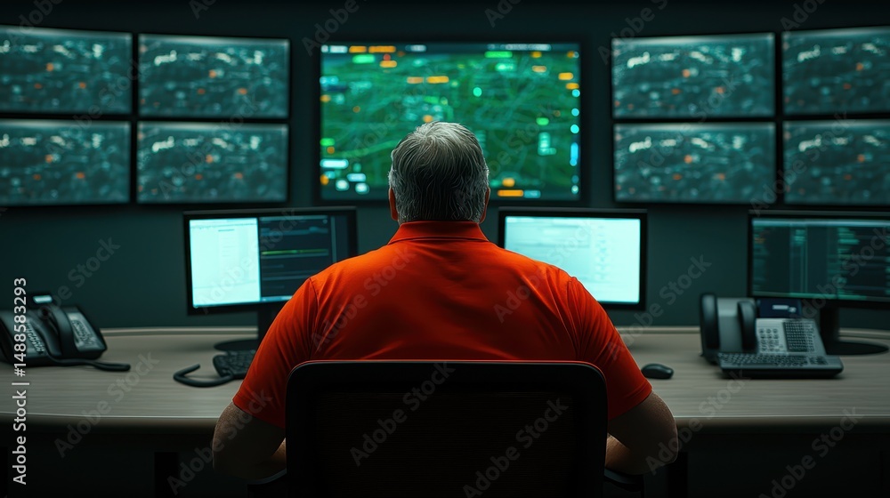 Poster modern office workspace, man working with multiple monitors for enhanced productivity
