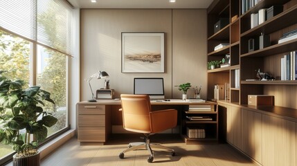 Fototapeta premium ergonomic chair, and storage solutions, providing a practical and professional space for remote workers