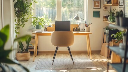 functional and aesthetic workspace, featuring a comfortable chair, desk with office supplies, and a laptop for efficient work-from-home tasks