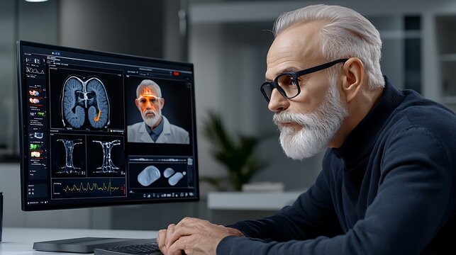 there is a man sitting in front of a computer screen with a brain scan on it