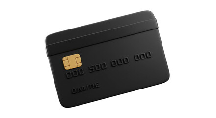 A close up of a sleek black credit card with a gold chip on a clean white background in studio lighting