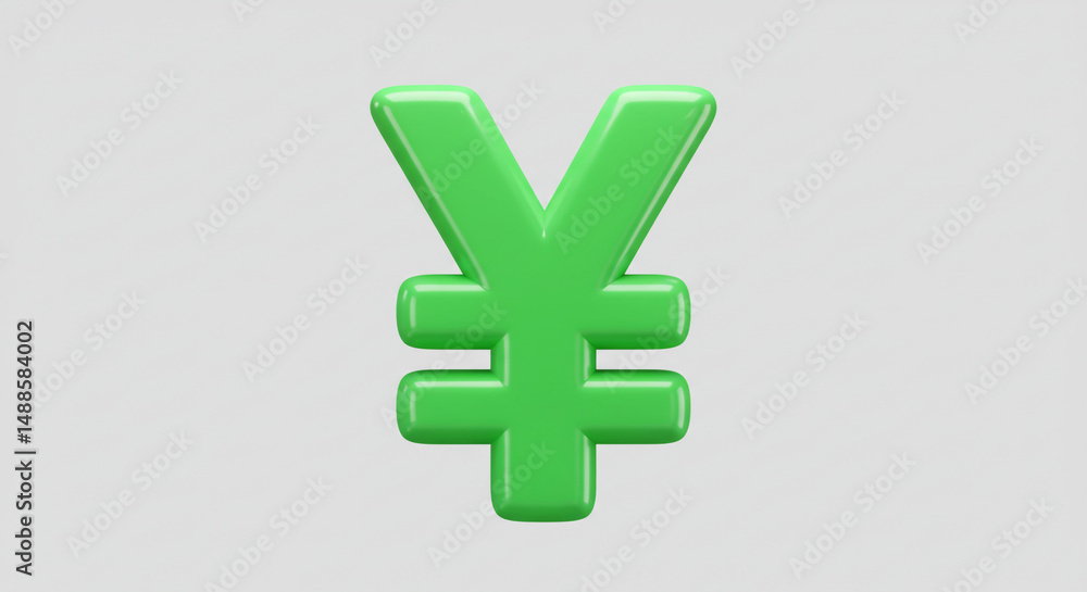 Poster a shiny green yen symbol isolated on a light gray background in a rendered image with soft shadows
