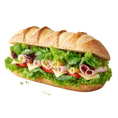 Fresh baguette sandwich with turkey cheese lettuce and tomato ready to eat.