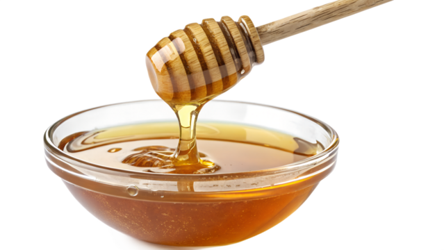 Golden honey drizzles from a wooden dipper into a crystal-clear bowl, highlighting its rich texture and sweetness enjoyed any time of day Generative AI