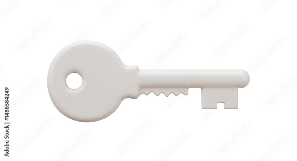Poster a simple white key isolated on a white background with a hole in the head and jagged edges on the si