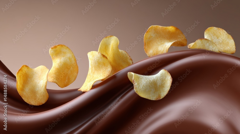 Poster close up of a chocolate bar with a bunch of potato chips on top of it. the chips are scattered all o