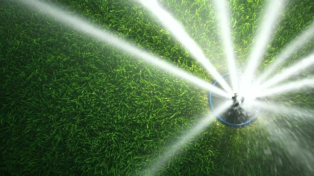 A sprinkler head clicks into its housing in a neatly manicured lawn. Below, blue piping forms a web that feeds the automated watering system, designed for eco-conscious garden mana
