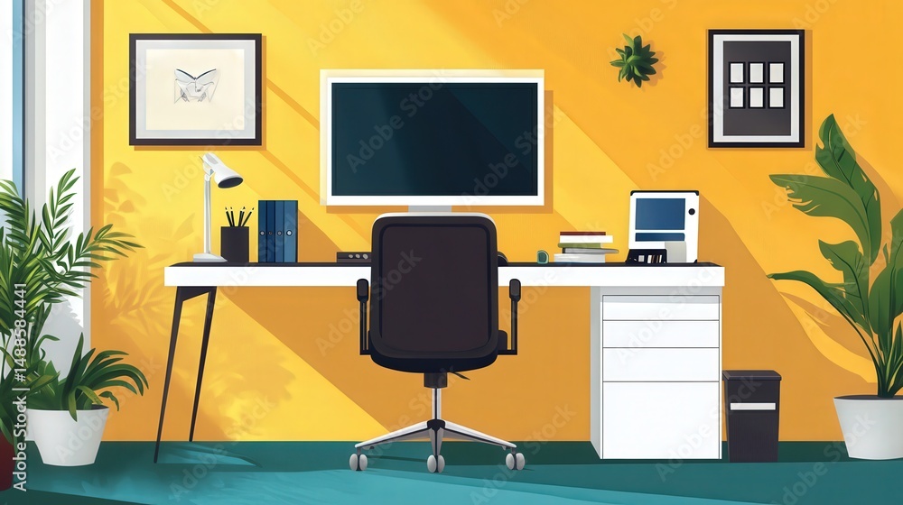 Poster tidy desk, ergonomic chair, and tech gadgets, designed for efficient remote work while maintaining c