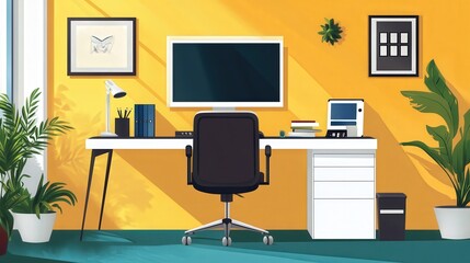 tidy desk, ergonomic chair, and tech gadgets, designed for efficient remote work while maintaining comfort and focus