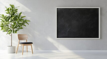 Empty room with a large blackboard hanging on the wall. the blackboard is blank and is framed with a white border.