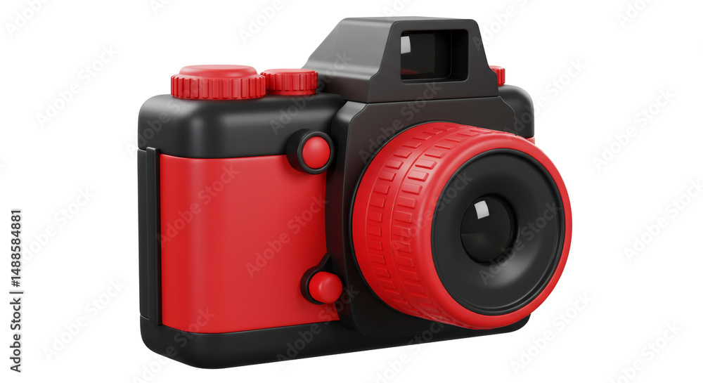 Poster a stylized black and red camera with a large lens and buttons on a white background in a studio shot