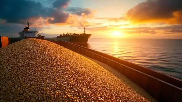 Aerial view of cargo containers filled with wheat grains being unloaded from a docked vessel, highlighting European grain trade and export logistics against a sunset sky