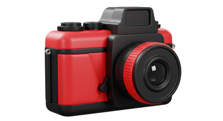 A red and black camera with a large lens and two knobs on top isolated on a white background