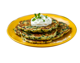 raditional homemade spinach pancakes with sour cream on yellow plate