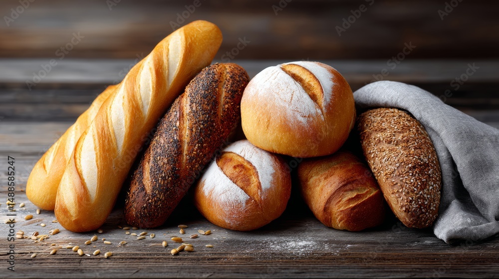 Poster variety of breads are displayed on a wooden table. the breads are different shapes and sizes, and th