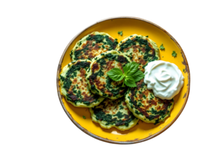 Traditional homemade spinach pancakes with sour cream on yellow plate