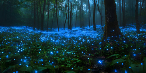 Enchanted Forest with Glowing Blue Flowers and Misty Atmosphere