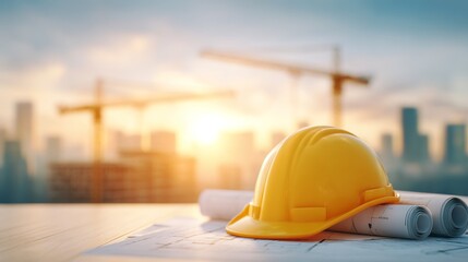 Construction Site Overview Urban Landscape Blueprint Focus Industrial Environment Sunset View Civil Engineering Concepts