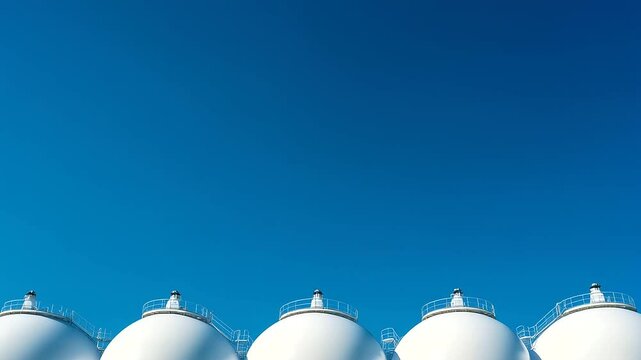 Against a clear blue sky, a cluster of white spherical propane tanks are arranged in a petrochemical facility. These industrial tanks contain fuel gas and meet rigorous safety stan
