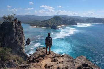Fototapeta premium A man stands on a cliff overlooking a stunning turquoise ocean, taking in the breathtaking view of the coastal landscape.