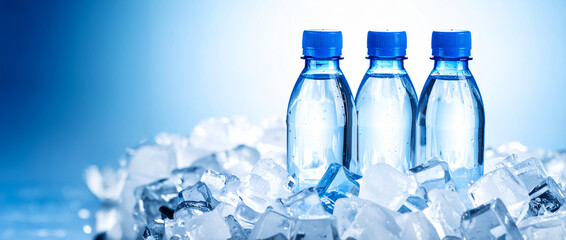 Plastic bottles with fresh drinking water cooling on ice cubes