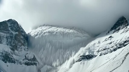 Dramatic glacial icefall cascade against steep mountainside in a wintry, snow-covered landscape - Powered by Adobe