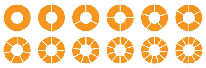 Circle pie chart diagram. 1,2,3,4,5,6,7,8,9,10,11,12 sections or steps. Progress sectors. Flat process cycle. Pie chart set. Circle section graph.  Circles arrow cut separated.  empty middle. 