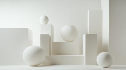 Group of white spheres and cubes arranged in a geometric pattern on a white surface. the spheres are of different sizes and shapes, with some being larger and others smaller.