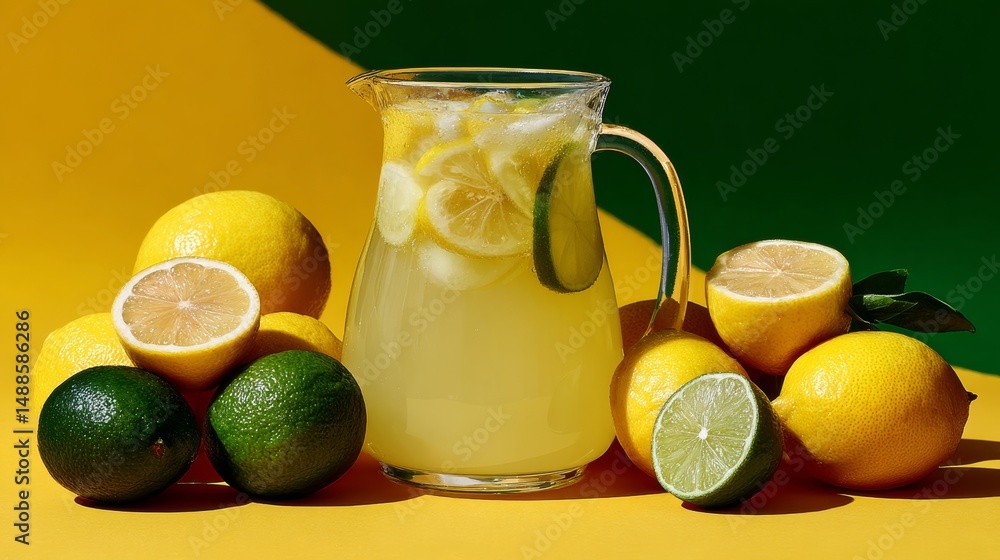 Poster pitcher of lemonade is poured into a glass pitcher. the pitcher is filled with ice and has a few sli