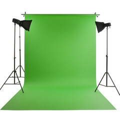 Professional green screen setup with studio lights for video production and photography, Green screen isolated on white background Chroma key, white background