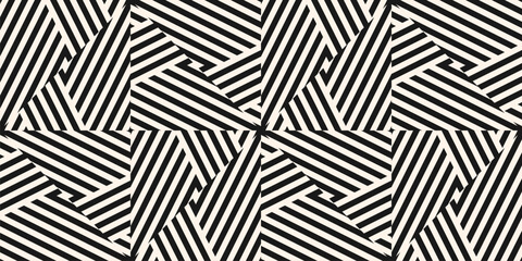Abstract geometric seamless pattern with diagonal stripes, lines. Vector black and white creative psychedelic design. Monochrome optical art texture. Retro fashion background, repeat tiles. Geo design