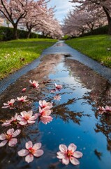 Obraz premium Pathside puddle reflecting cherry blossom trees & sky, with petals. Leading line perspective
