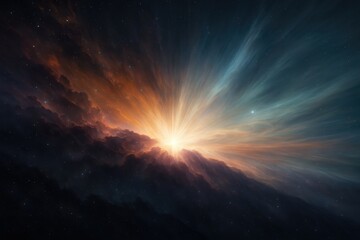 Naklejka premium Dramatic nebula with radiant cosmic light bursting through interstellar clouds in deep space. Science, astronomy, galaxy formation, and cosmic wonder concept. Image with copy space