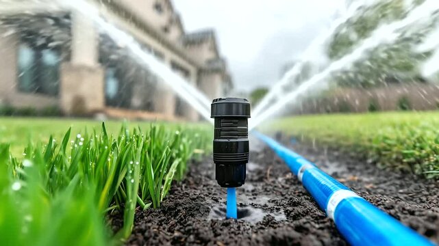 Black and blue irrigation pipes weave through damp soil in a backyard as a new sprinkler head is fitted in place. The freshly installed system promises consistent water delivery to