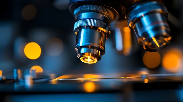 Macro of microscope lens glowing with warm lights. Precision science tool for discovery and learning. Perfect representation for Science Education Day