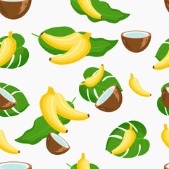 Tropical pattern with bananas, coconut and palm leaves