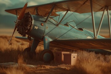 Vintage airmail biplane parked, pilot loads mailbag under amber sunlight