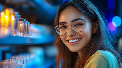 Smiling young woman with glasses in science lab setting. Inspired future scientist representing diversity in STEM. Science Education Day celebration