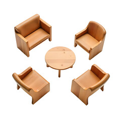 A singal Simple, functional wooden furniture made from teak and curved designs against a transparent background