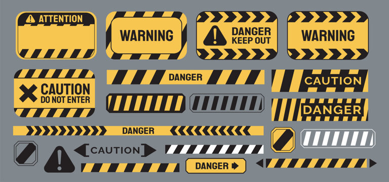 Warning vector signs. Attention sign, warning sign, caution sign, danger sign. Exclamation mark. Yellow warning caution sign text space area message box sticker label object goods commodity. Dangerous