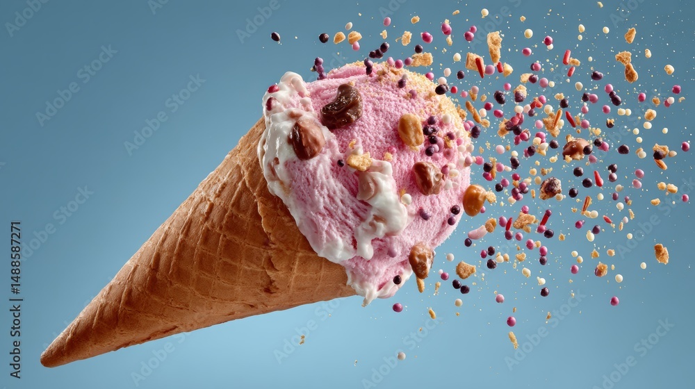 Poster cone of ice cream with sprinkles and nuts falling out of it. the image has a playful and fun mood, a