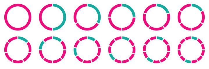 Pie chart set, circle icons and circle diagram. Pie chart divided Circle diagram collection with 1,2,3,4,5,6,7,8,9,10,11 . Segmented circle infographic, data analysis, web design, ui or presentation. 