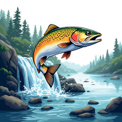 Vsai cutthroat trout jumping waterfall in mountain river