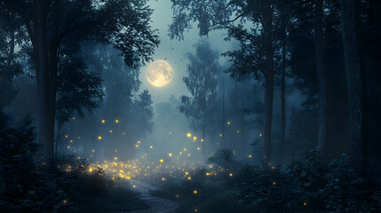 Fototapeta premium Enchanted Forest at Night with Fireflies Under a Full Moon
