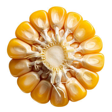 A singel corn, a piece of and seeds on a white, isolated. The view from the top view 