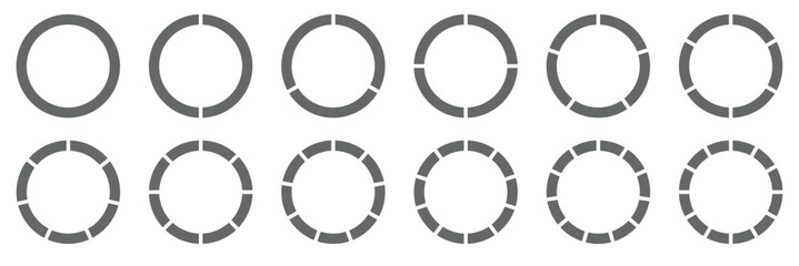 Circle pie chart diagram. 1,2,3,4,5,6,7,8,9,10,11,12 sections or steps. Progress sectors. Flat process cycle. Pie chart set. Circle section graph.  Circles arrow cut separated.  empty middle. 